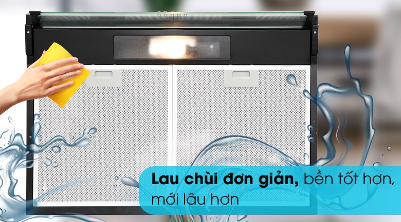 Lưới lọc của máy hút mùi Sakura được làm bằng chất liệu hợp kim nhôm sáng bóng, dễ dàng lau chùi, giúp sản phẩm luôn bền và như mới