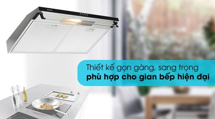 Máy hút khói Sakura SCR-2881S thiết kế sang trọng, kiểu áp tường gọn đẹp, sử dụng tiết kiệm không gian