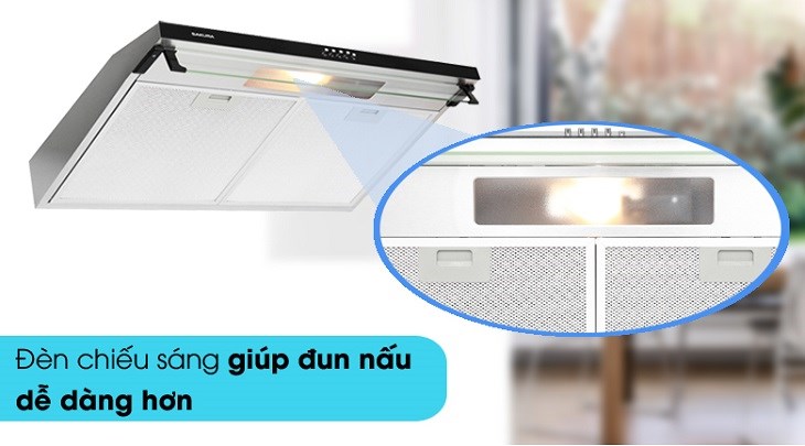 Máy hút mùi Sakura sở hữu đèn chiếu sáng Halogen, đèn LED giúp cung cấp đủ ánh sáng