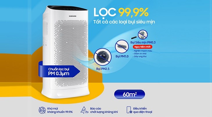 Máy lọc không khí Samsung sở hữu bộ lọc 3 lớp đảm bảo lọc sạch không khí phòng