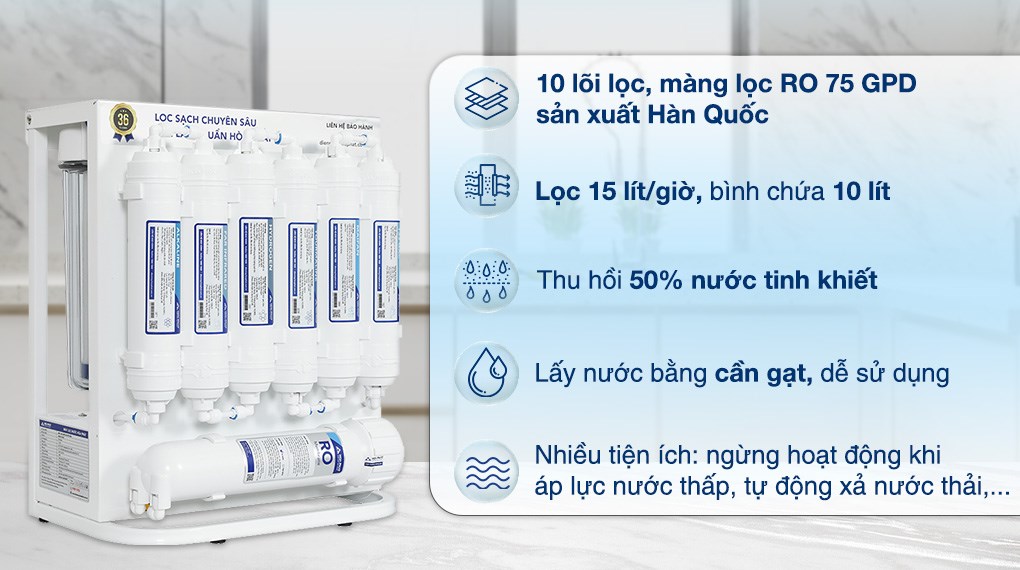 Máy lọc nước RO Hòa Phát HWU1A 1022 10 lõi có công suất lọc 15 lít/giờ, phù hợp cho gia đình từ 4 - 6 thành viên