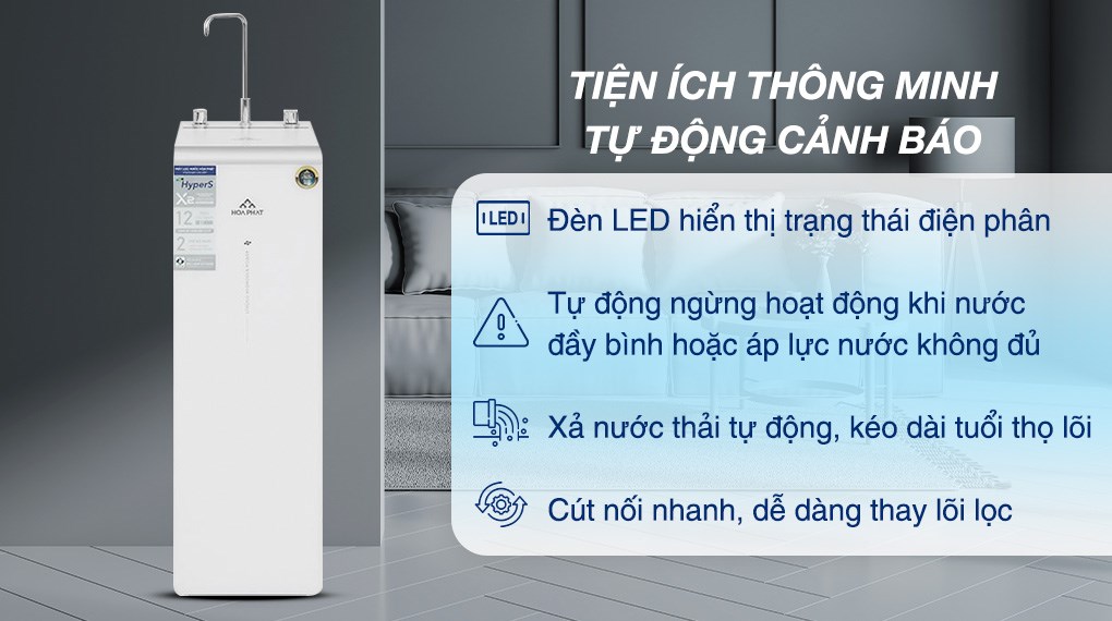 Máy lọc nước RO Hydrogen ion kiềm Hòa Phát HPA855 12 lõi được trang bị nhiều tính năng thông minh, giúp người dùng thuận tiện khi sử dụng