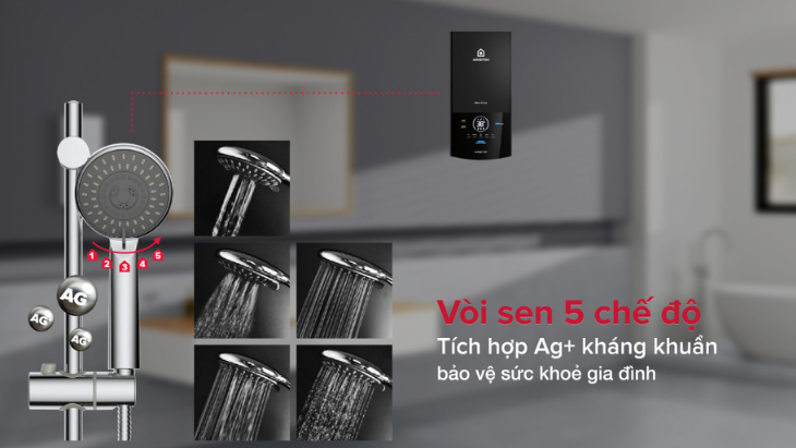 Vòi sen đi kèm với khả năng điều chỉnh 5 chế độ phun nước khác nhau