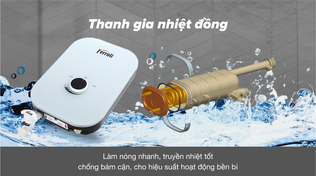 Đánh giá chi tiết máy nước nóng trực tiếp Ferroli 4500W MIDO-MXP 4.5S - Thanh gia nhiệt bằng đồng
