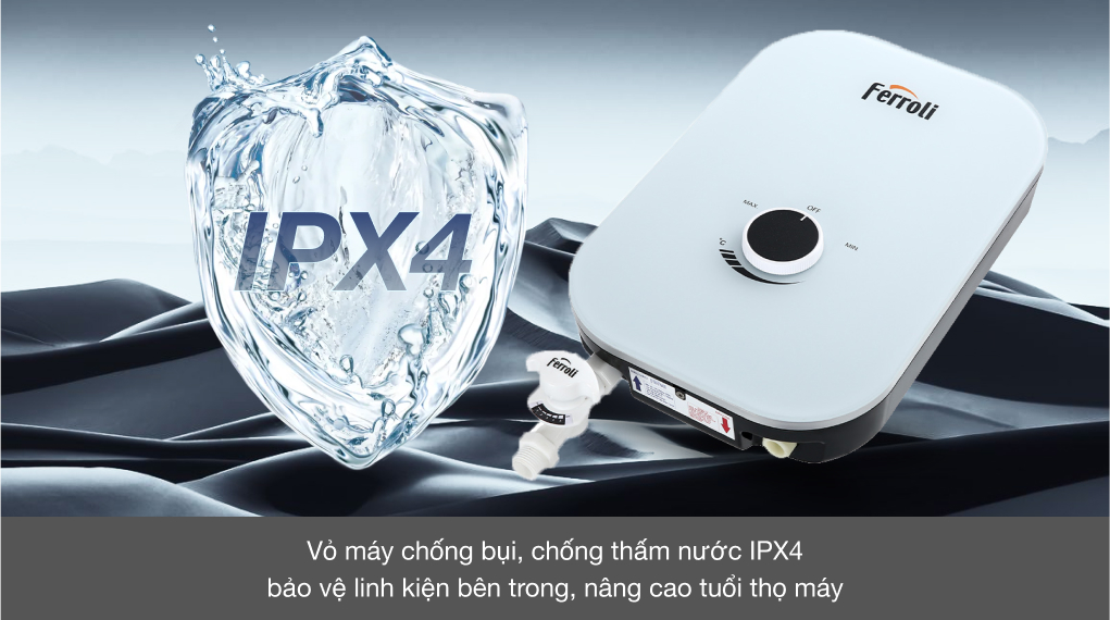 Đánh giá chi tiết máy nước nóng trực tiếp Ferroli 4500W MIDO-MXP 4.5S - Vỏ chống thấm nước IPX4