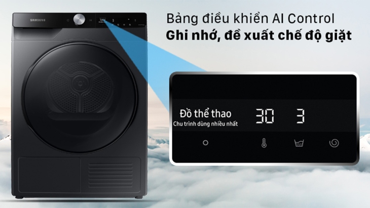 Bảng điều khiển AI Control trên máy sấy Samsung có khả năng ghi nhớ, phân tích và đề xuất chế độ sấy phù hợp