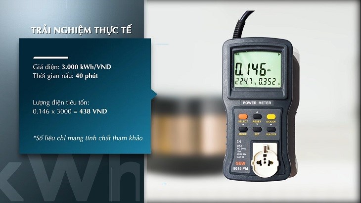 Kết quả đo lượng điện tiêu thụ sau 40 phút nấu cơm