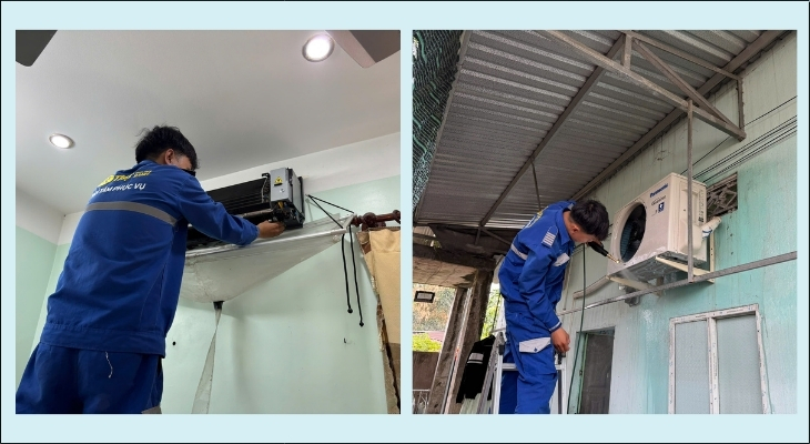 Kỹ thuật viên tiến hành vệ sinh dàn lạnh và dàn nóng của máy
