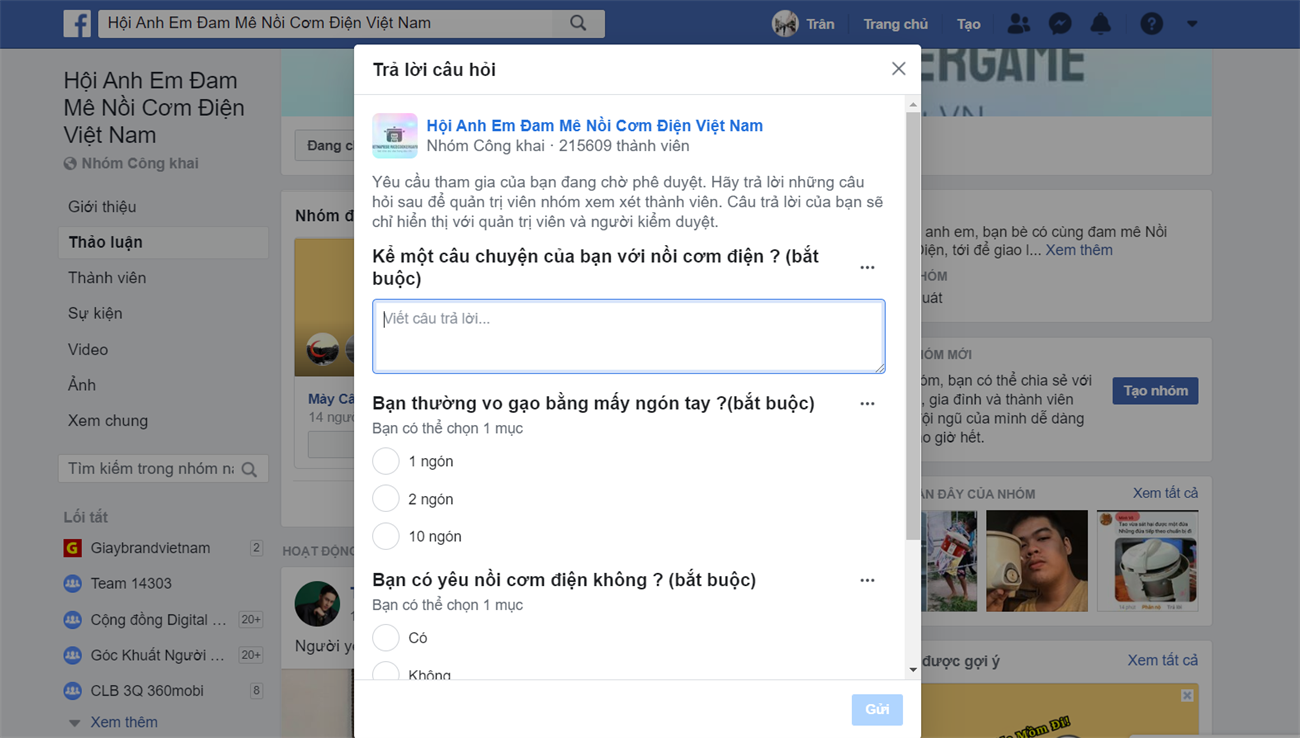 câu hỏi tham gia nhóm