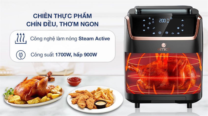 Công nghệ làm nóng Steam Active có trong Nồi chiên không dầu hơi nước Elmich AFE-3945 7 lít vừa chiên nướng vừa phun hơi nước, giúp thực phẩm chín đều các mặt, hạn chế lượng dầu mỡ.