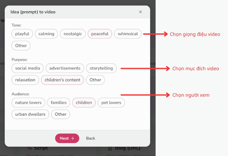 Chọn các mục cần thiết để tạo video hợp nhu cầu của bạn