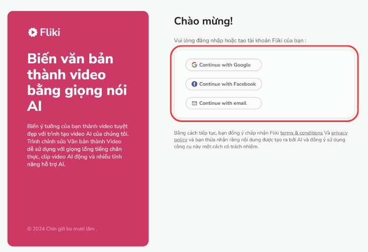 Đăng ký và đăng nhập vào Fliki bằng 3 cách