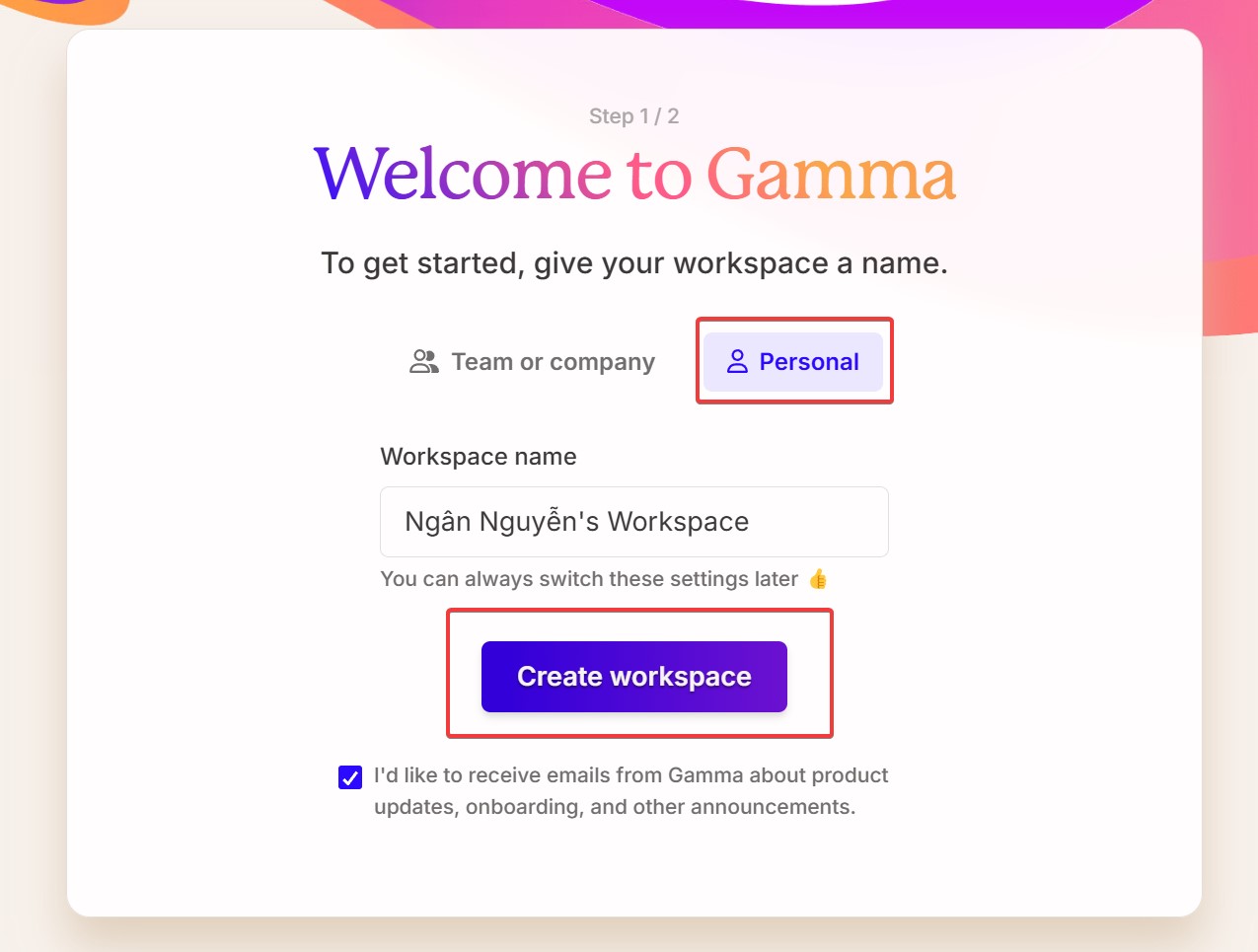 Tại giao diện chính của Gamma, bạn nhấp chọn cá nhân (Personal) hoặc nhóm/công ty (Team or Company). Sau đó đặt tên tùy ý và chọn Create workspace.