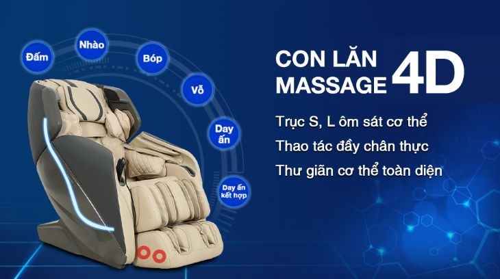 Ghế massage Poongsan MCP-501 được tích hợp con lăn 4D giúp giảm đau nhanh chóng