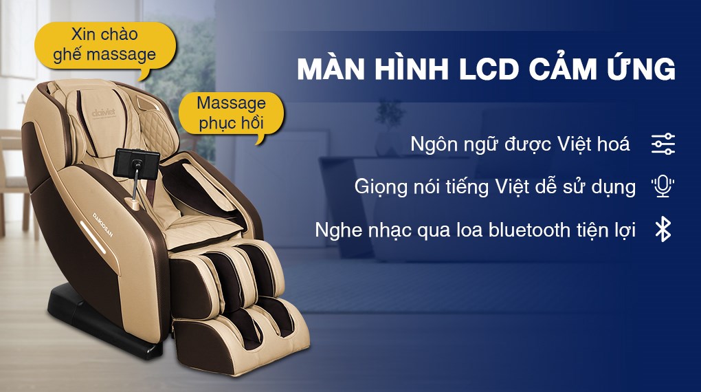 Ghế massage Daikiosan DKGM-10004 có khả năng điều khiển giọng nói tiếng Việt, có Bluetooth, màn hình LCD dễ thao tác.