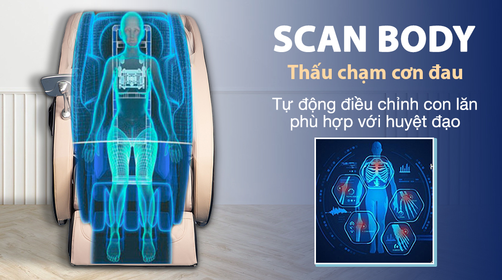Ghế massage nội địa Nhật Bản được trang bị công nghệ Scan Body, giúp xác định vị trí huyệt đạo chính xác, từ đó nâng cao hiệu quả massage