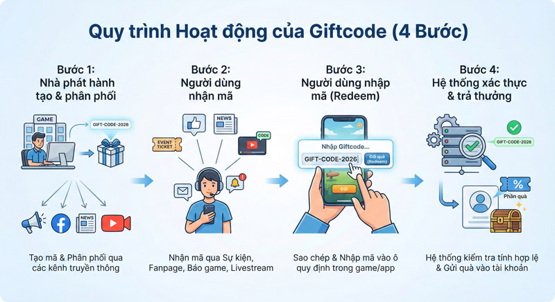 Giftcode hoạt động qua 4 bước: phát hành mã, người dùng nhận, nhập redeem và hệ thống xác thực trả quà