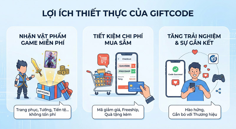 Giftcode mang lại nhiều lợi ích như vật phẩm game miễn phí và tiết kiệm chi phí mua sắm
