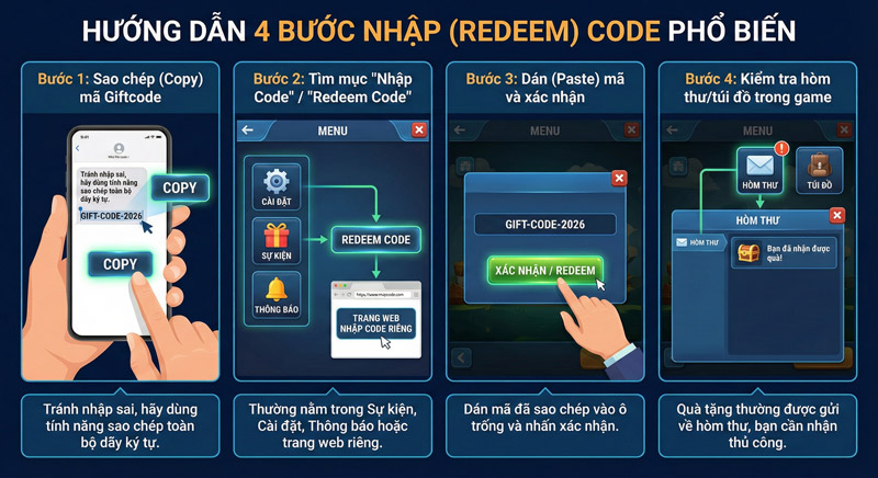 Nhập mã giftcode vào ô redeem trong game để nhận thưởng và kiểm tra hòm thư