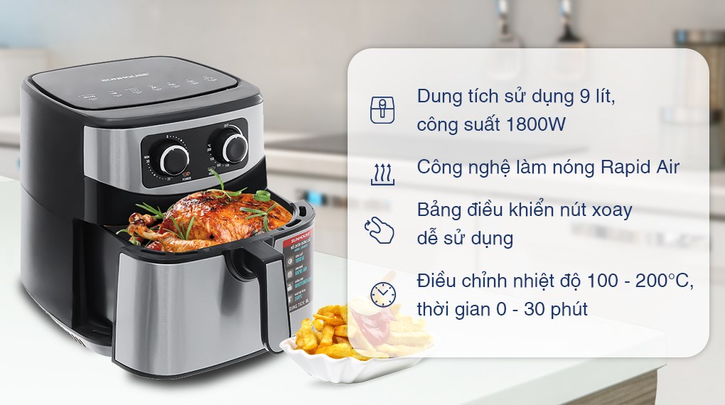 Nồi chiên không dầu Sunhouse SHD4035 với công nghệ làm nóng Rapid Air, chế biến thức ăn chín đều các mặt bên ngoài, chín mềm phần thịt bên trong
