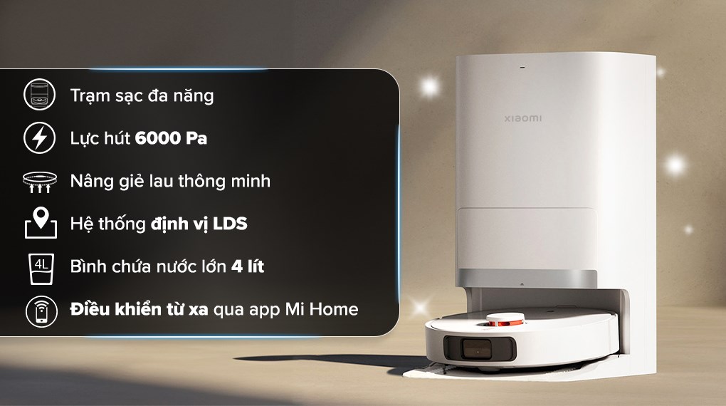 Robot hút bụi lau nhà Xiaomi X20+ với dung lượng pin lớn 5200 mAh, cho thời gian sử dụng lên đến 180 phút