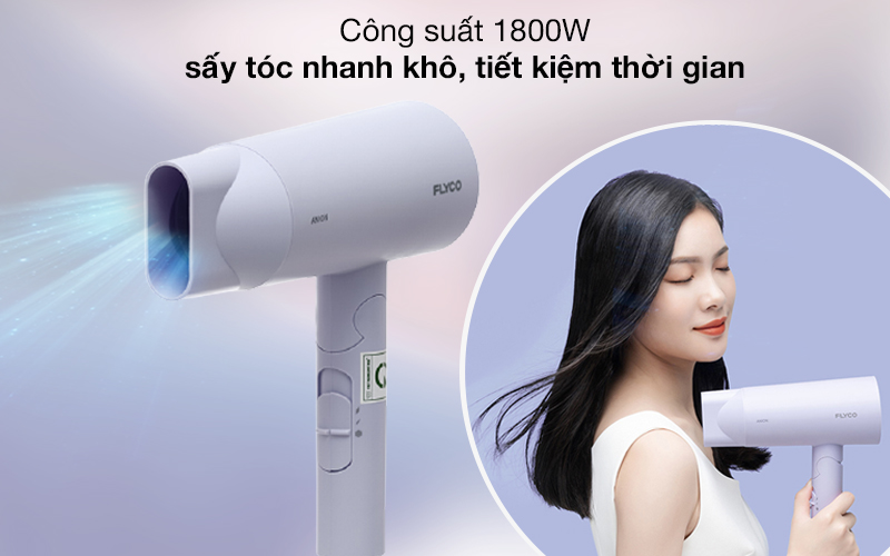 Máy sấy tóc Flyco FH6277VN hoạt động với công suất lên đến 1800W, giúp sấy tóc nhanh khô