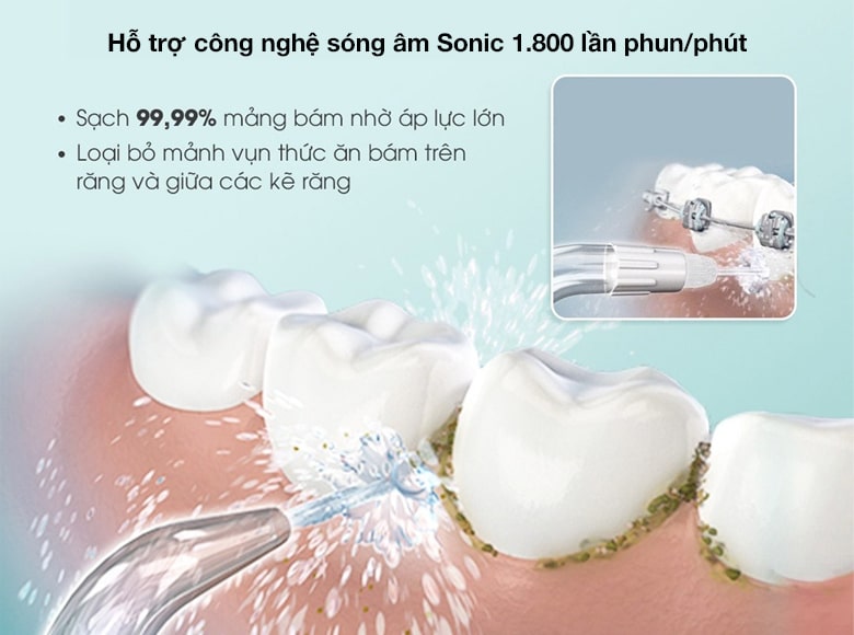 Máy tăm nước Halio Professional Cordless Oral Irrigator sử dụng công nghệ sóng âm Sonic giúp loại bỏ các mảng bám thức ăn hiệu quả