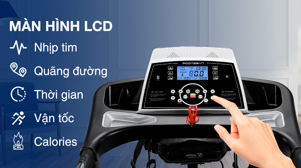 Máy chạy bộ Poongsan TMP 900 được trang bị màn hình LCD giúp hiển thị các thông số khi luyện tập