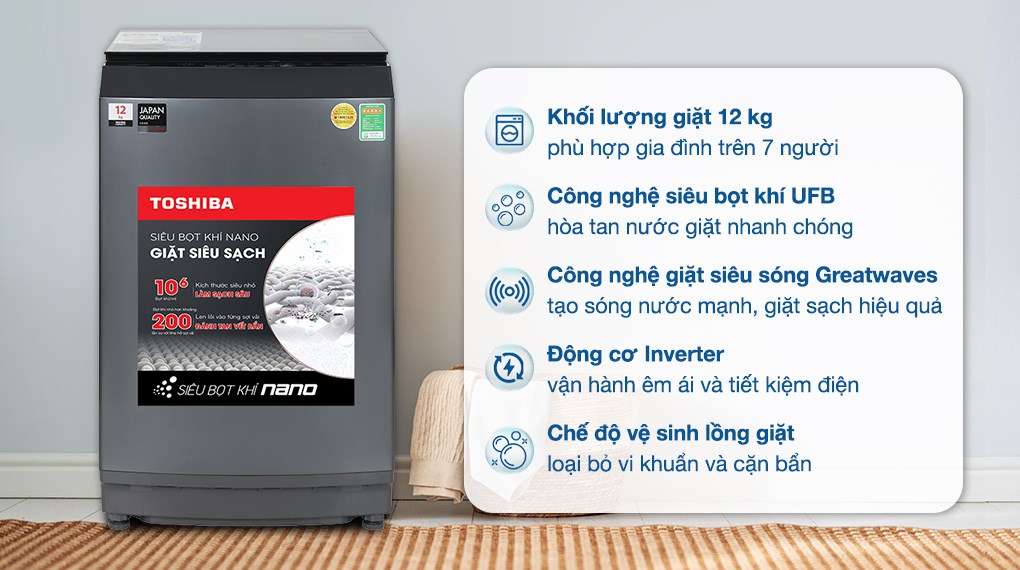 Máy giặt Toshiba Inverter 12 kg AW-DUK1300KV (MK) tích hợp các công nghệ giặt vượt trội