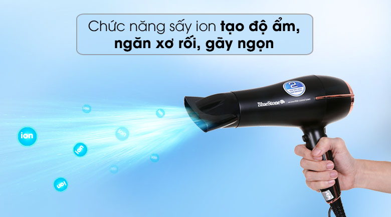 Máy sấy tóc Bluestone HDB1958 bổ sung ion âm giữ ẩm cho tóc, giúp tóc nhanh khô mà không bị tình trạng tĩnh điện