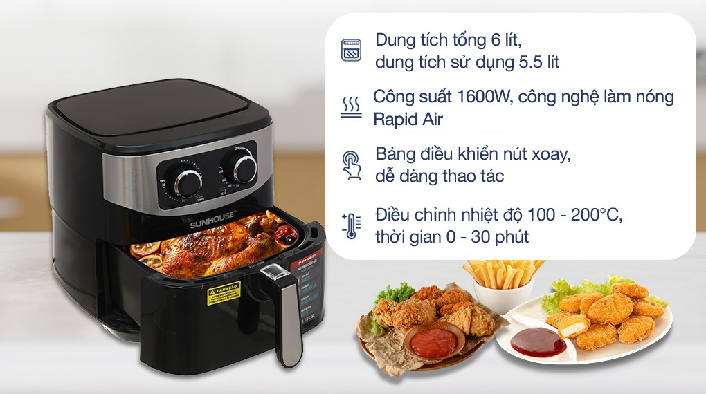 Nồi chiên không dầu Sunhouse SHD4062 6 lít phù hợp cho các gia đình đông người tầm 4 - 6 người thường xuyên nấu nướng