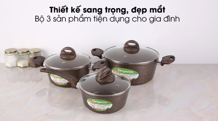 Bộ nồi quánh nhôm chống dính nắp kính Kangaroo KG992MX sang đẹp, lựa chọn tốt cho gian bếp mọi gia đình