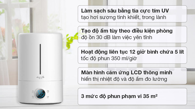 Máy tạo độ ẩm Deerma DEM-F628S có khả năng hoạt động liên tục lên đến 12 giờ