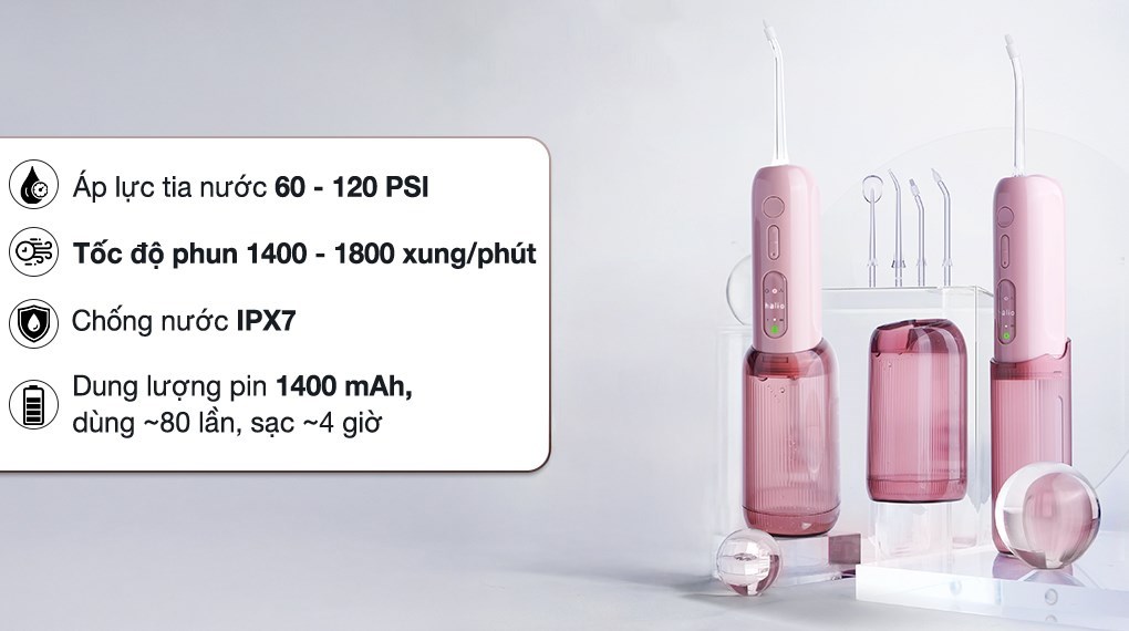 Máy tăm nước Halio UltraClean Express Hydro Floss Muted Rose có thiết kế nhỏ gọn, dễ tháo lắp, dung tích lớn, áp lực phun mạnh và nhiều chế độ tiện ích