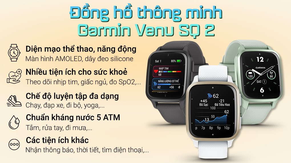 Garmin Venu SQ 2 40.6mm với những tính năng sức khỏe, thể thao, định vị,... hỗ trợ tốt trong việc chăm sóc cơ thể của người dùng