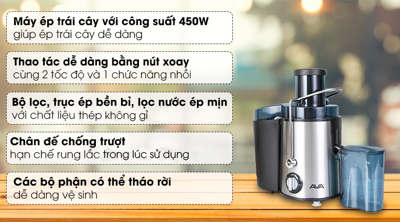 Máy ép trái cây AVA AJ02 với công suất 450W giúp ép trái cây, rau củ nhanh chóng, tiết kiệm điện năng
