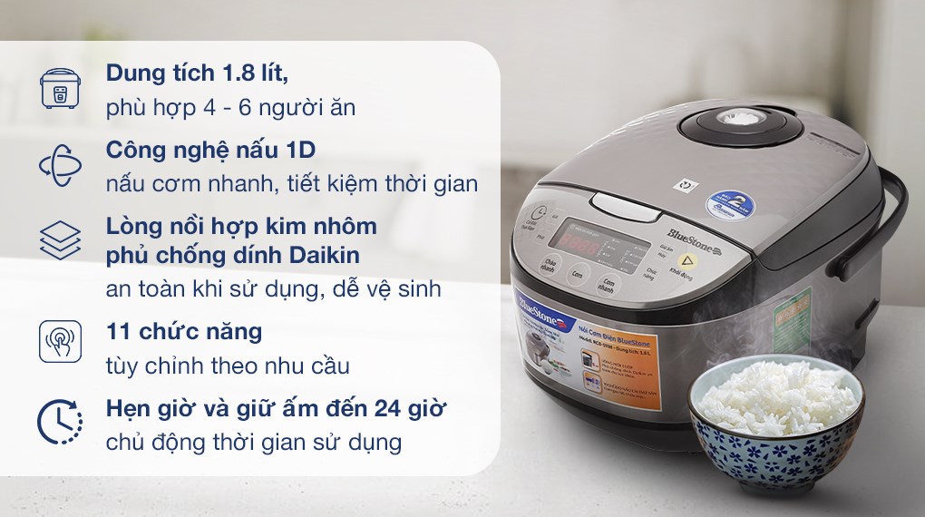 Nồi cơm điện tử BlueStone 1.8 lít RCB-5938 phù hợp gia đình 4 - 6 thành viên