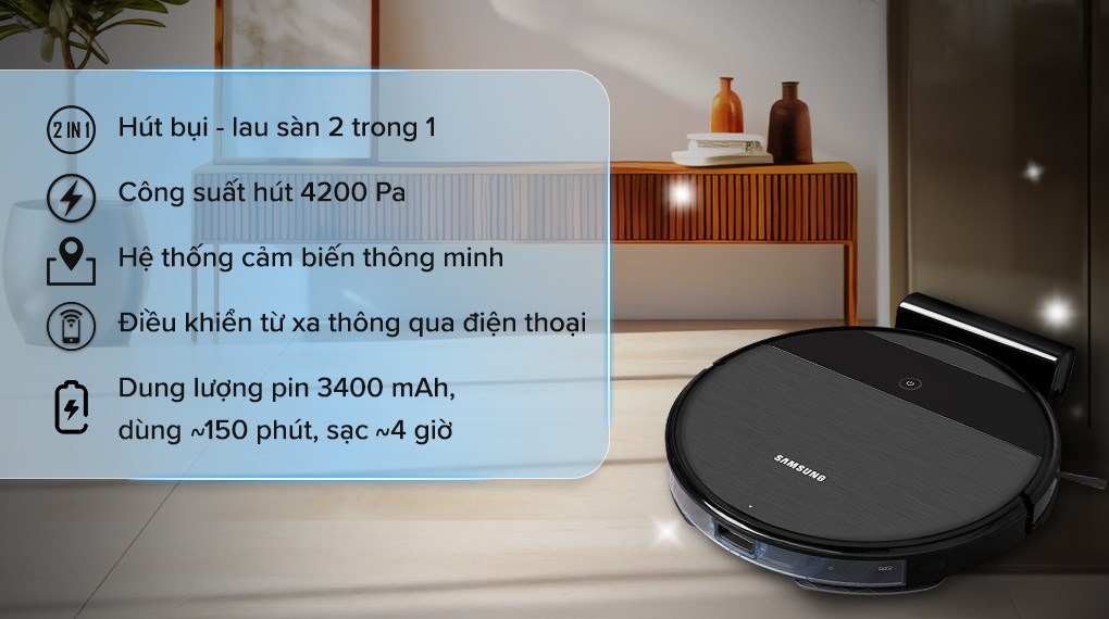 Robot hút bụi lau nhà Samsung VR05R5050WK/SV với đa dạng chế độ lau dọn, giúp tiết kiệm thời gian và công sức