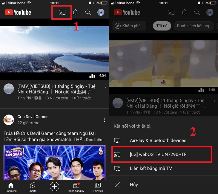 Trên màn hình chạm vào biểu tượng ChromeCast được tích hợp > Chọn Tivi mà bạn muốn trình chiếu.