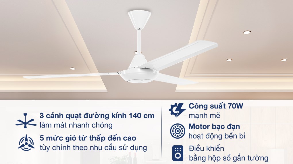 Quạt AC 3 cánh ACF01A563 70W là quạt trần điều khiển bằng hộp số gắn tường