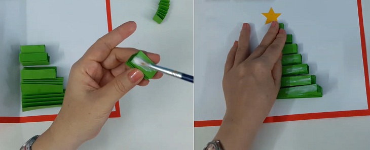 Dán các đoạn giấy xanh vào 2 mặt của thiệp và dán ngôi sao lên chính giữa