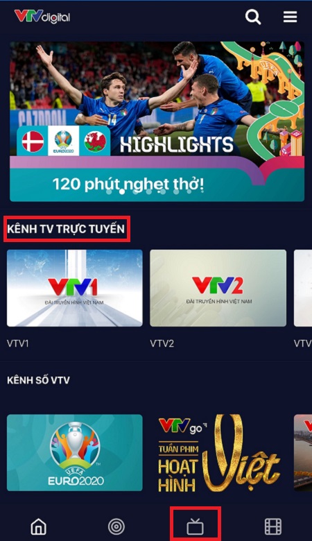 Bấm chọn Kênh TV trực tuyến hoặc biểu tượng TV