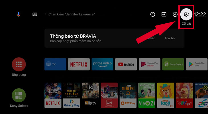 Bạn chọn mục Cài đặt/Setting trên giao diện chính của tivi.