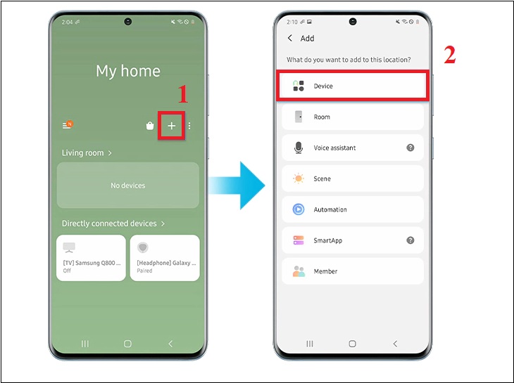 Bước 3: Tải ứng dụng điều khiển tivi trên điện thoại như Samsung Smart Thing > Nhấn Biểu tượng dấu + (Thêm) > Chọn Thiết bị.