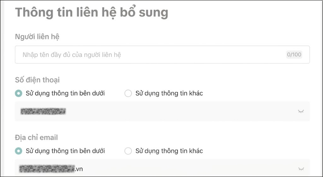 Nhập thêm các thông tin liên hệ bổ sung
