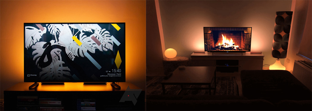 Khu vực sau tivi, bạn có thể sử dụng đèn LED dây Philips Hue Lighstrip để trang trí