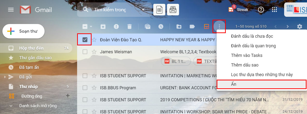Đánh dấu chọn vào hộp bên trái của thư, sau đó chọn biểu tượng Thêm > Ẩn (Mute)