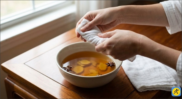 Dùng chiếc khăn sạch đã chuẩn bị, nhúng vào nước ngũ vị hương hoặc rượu gừng, vắt khô rồi tiến hành lau nhẹ nhàng