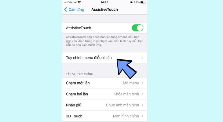 Tại giao diện AssistiveTouch, nhấn chọn Tùy chỉnh menu điều khiển