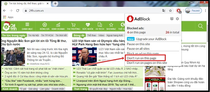 Tìm và chọn [Don't run on pages on this domain]